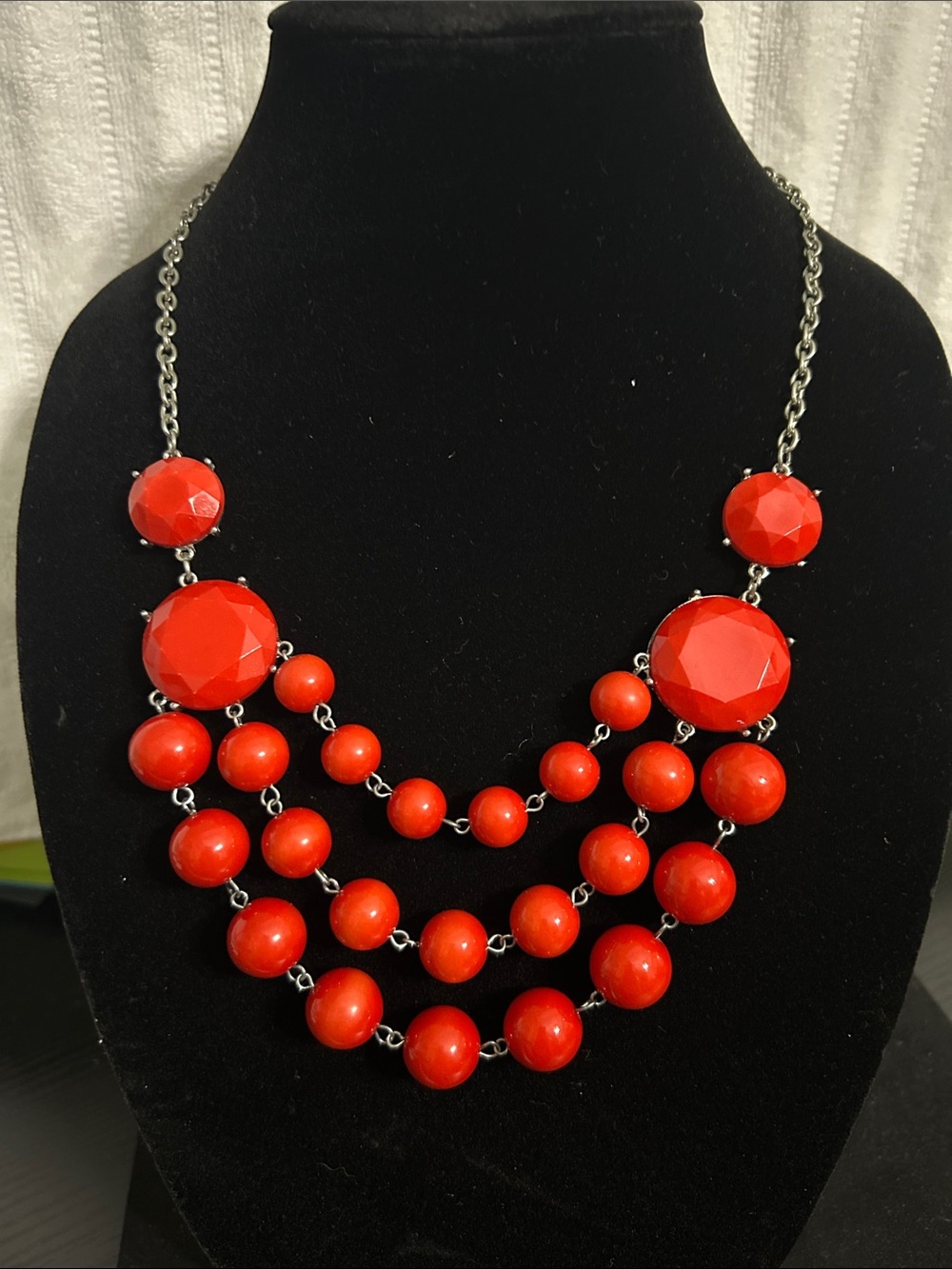 Red Statement Bib Necklace - Bold Multi-Strand Beaded Necklace & Earrings